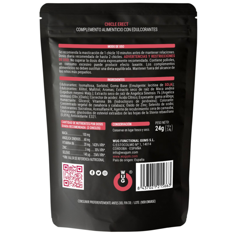 WUG ERECT – Goma de mascar funcional com Maca, Zinco e Vitaminas para aumentar a energia e o desempenho masculino.