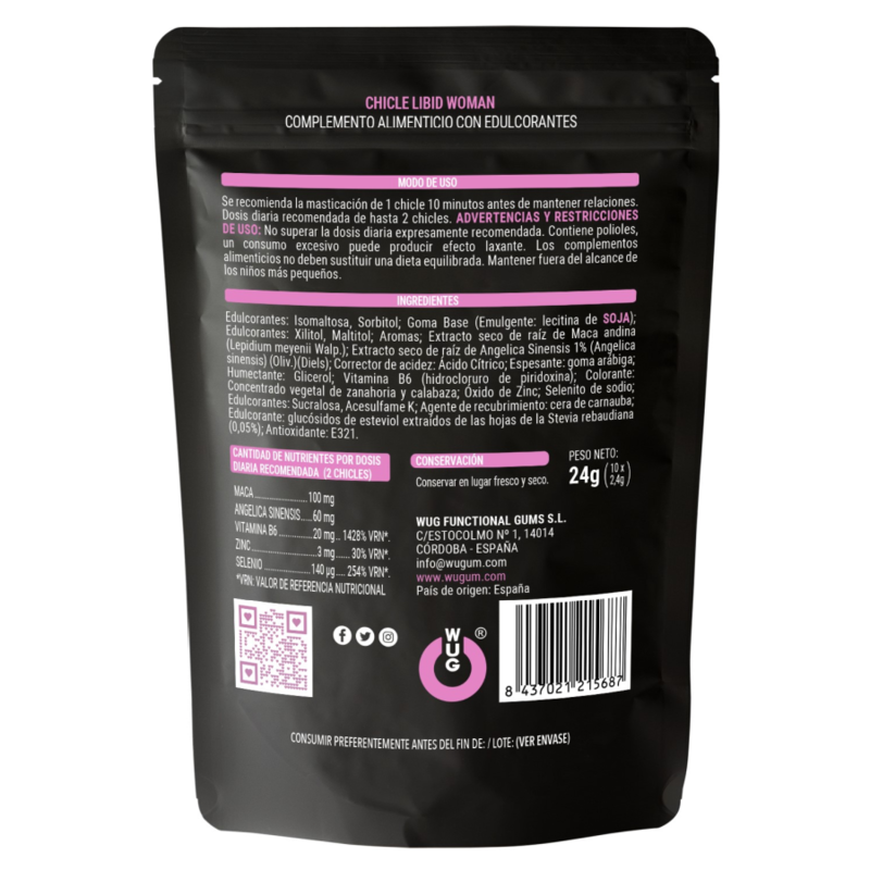 WUG LIBID WOMAN – Goma de mascar funcional com Maca, Ginseng Feminino e Zinco para aumentar a vitalidade feminina.
