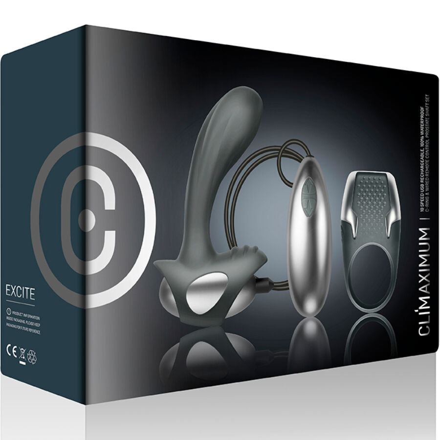 CLIMAXIMUM - KIT EXCITE ANEL PARA PÉNIS + MASSAGEADOR DE PRÓSTATA COM FIO