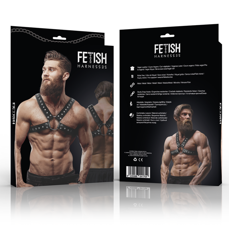 FETISH SUBMISSIVE ATTITUDE - ARNÊS DE PEITORAL DE COURO ECOLÓGICO CRUZADO PARA HOMENS COM TACHAS