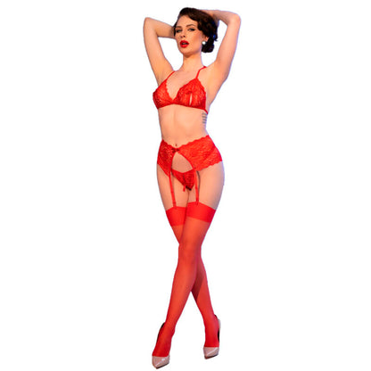 CHILIROSE - CR 4848 CONJUNTO DE SUTIÃ DE RENDA VERMELHO + TANGA + MEIAS XL