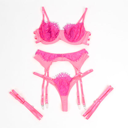 SUBBLIME - 955359 CONJUNTO DE SUTIÃ COM RENDA E LIGAS ROSA E ROXO S/M
