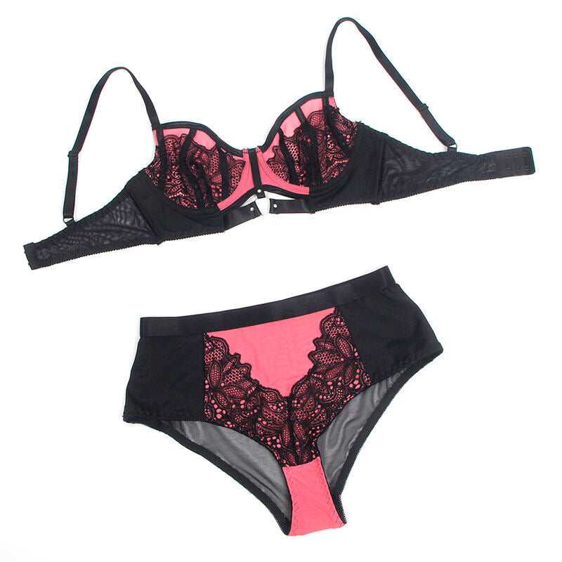 SUBBLIME - 955571 CONJUNTO DE SUTIÃ DE COURO VERDE COM ZÍPER DE MALHA ROSA P/M