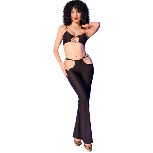 CHILIROSE - CR 4851 CONJUNTO DE TOP E LEGGING PRETO COM ACESSÓRIOS DOURADOS S