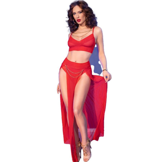 CHILIROSE - CR 4850 CONJUNTO DE TOP E LEGGING VERMELHO COM ACESSÓRIOS DOURADOS M