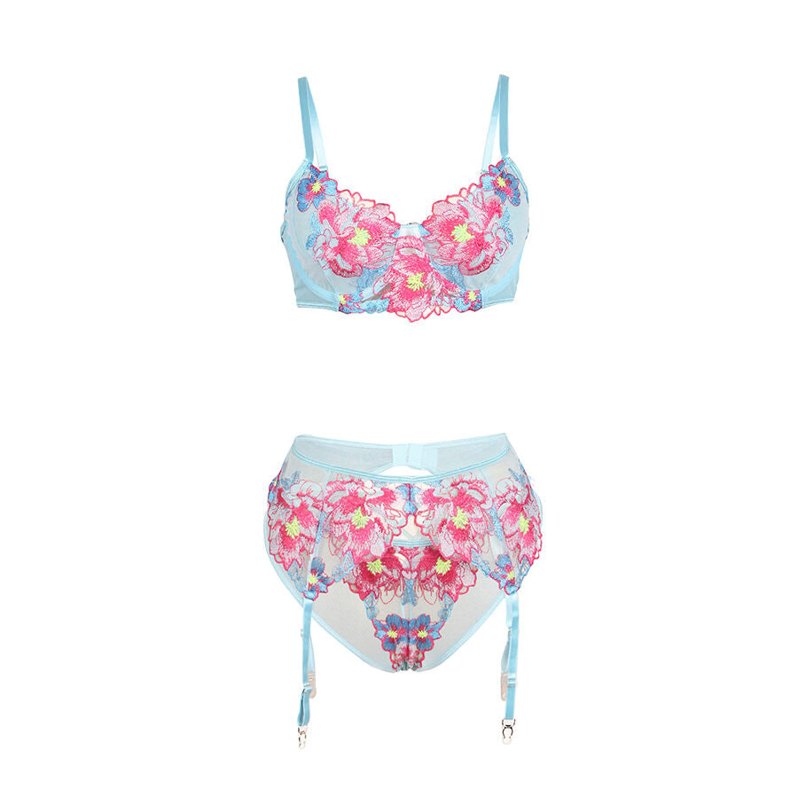 SUBBLIME - 957650 CONJUNTO DE SUTIÃ E CINTO-LIGA COM BORDADO DE FLORES ROSA L/XL