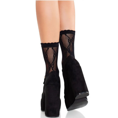 LEG AVENUE - MEIAS DE RENDA PRETA COM LAÇO