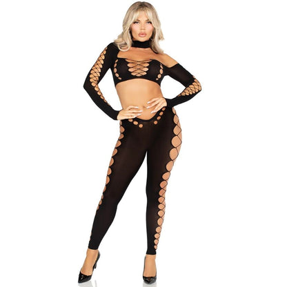 LEG AVENUE - TOP CROP E LEGGINGS CORTADO SEM COSTURA PRETO