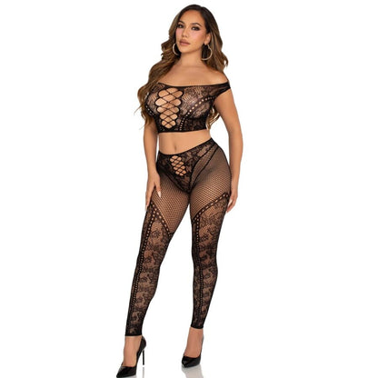 LEG AVENUE - TOP CROP E LEGGING DE REDE COM OMBROS À FRENTE PRETO