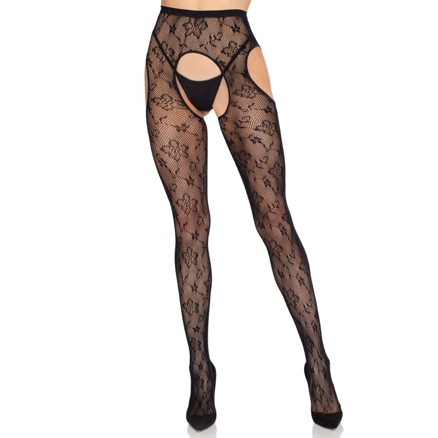 LEG AVENUE - 1967 MEIA-CALÇA COM LIGAS EM REDE PRETA - TAMANHO ÚNICO