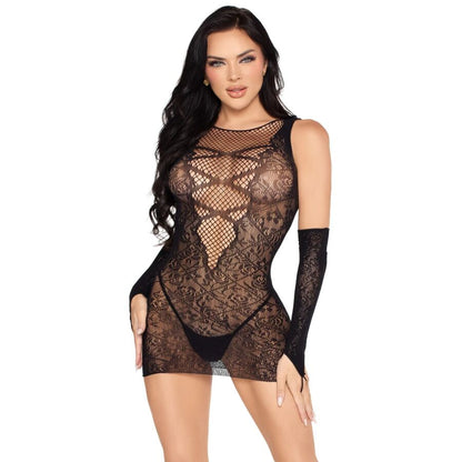 LEG AVENUE - 81679 MINI VESTIDO E LUVAS COMBINANDO PRETO - TAMANHO ÚNICO