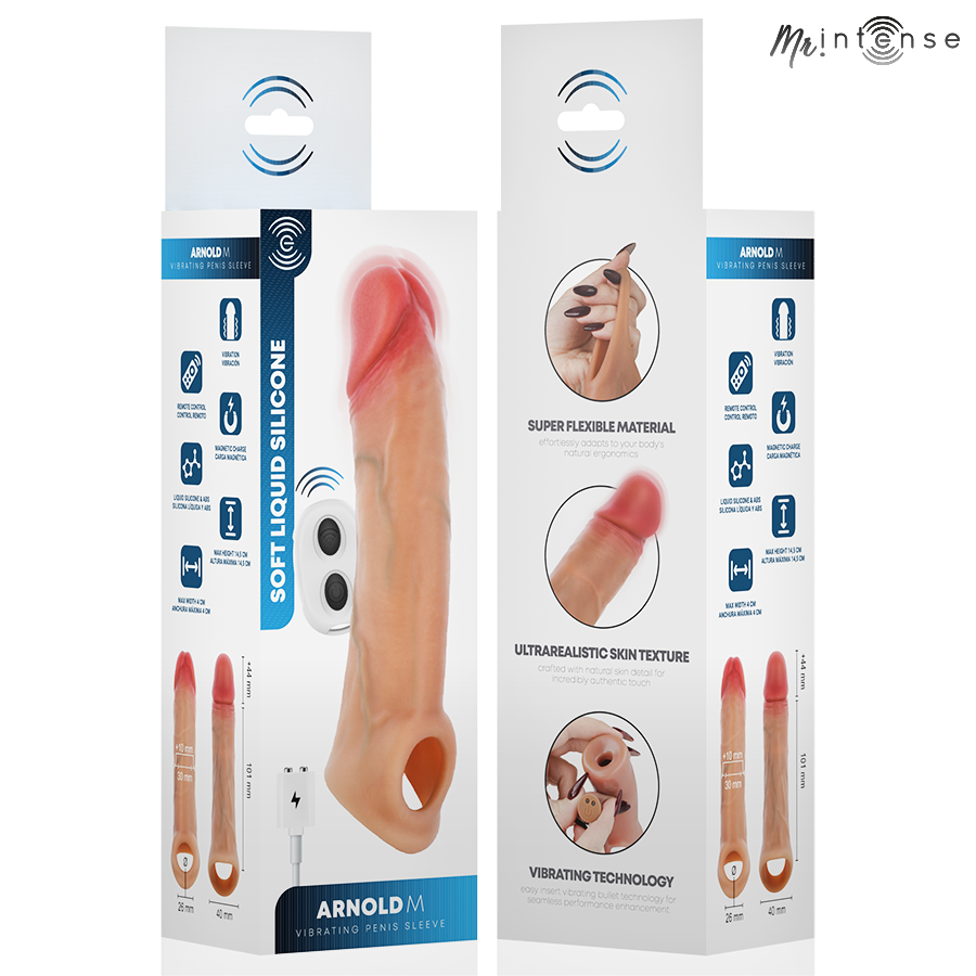 MR INTENSE - CAPA DE SILICONE PARA PÊNIS COM VIBRADOR ARNOLD M E CONTROLE REMOTO 14,5 CM -Ø- 4 CM