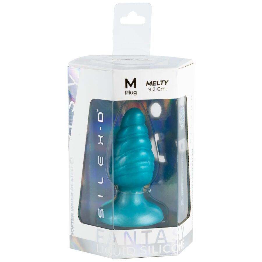 SILEXD - MELTY PLUG ANAL DE DERRETIMENTO FANTASY DE SILICONE LÍQUIDO TERMOREATIVO AZUL CELESTIAL 9,2 CM